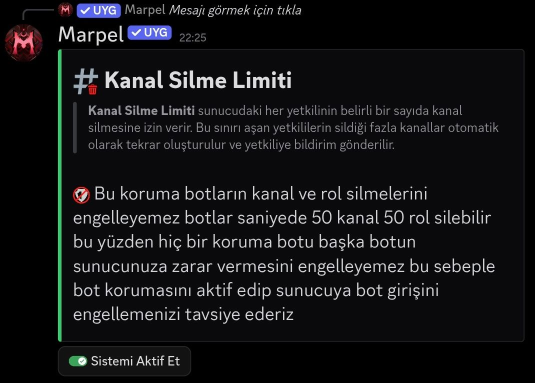 Kanal Silme ve Oluşturma Limiti görseli